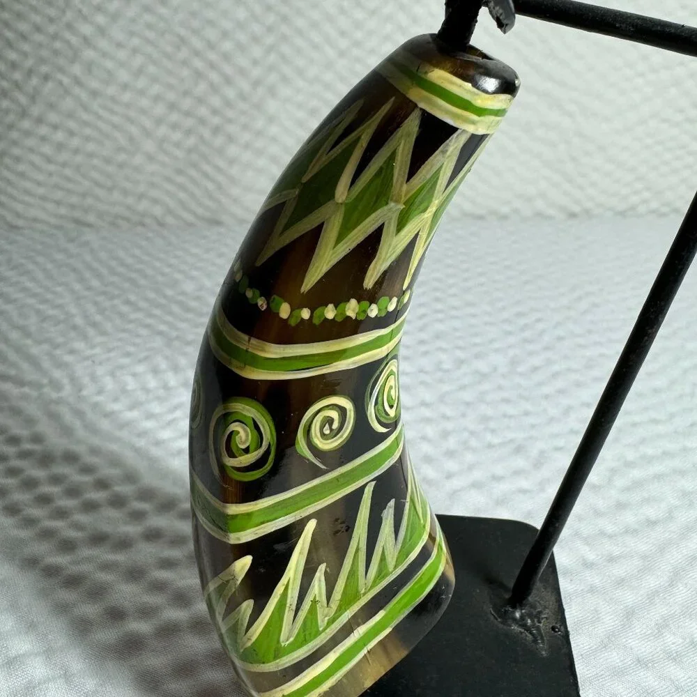 Vintage Handcrafted Tribal Candle Holder With African Motif Metal & Cow Horn - Picture 3 of 8